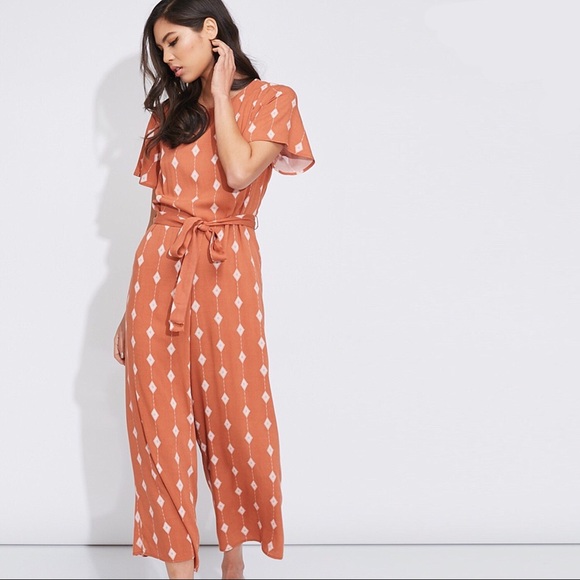 Tie Waist Cropped Length Jumpsuit Diamond Print - Picture 3 of 9